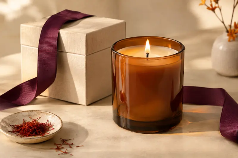 Bougie parfumée en pot de verre accompagnée de son emballage cadeau