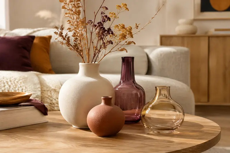 Vases décoratifs en céramique et en verre avec quelques branches séchées