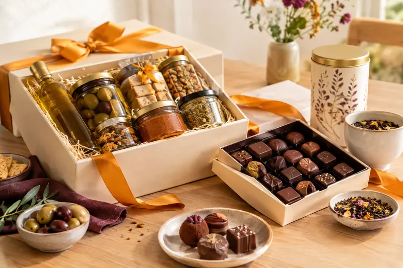 Coffret gourmand, chocolats et boîte de thé présentés sur une table claire
