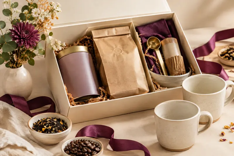 Coffret de café et de thé avec accessoires présenté sur une table claire