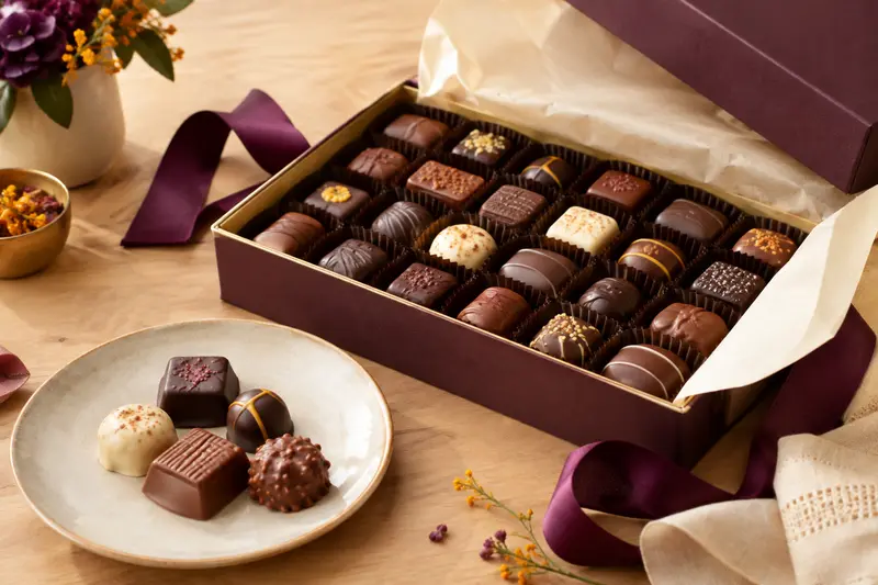 Assortiment de chocolats rangés dans un coffret ouvert avec ruban prune