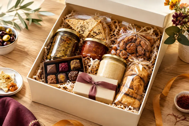 Coffret gourmand ouvert avec assortiment de produits emballés dans une boîte