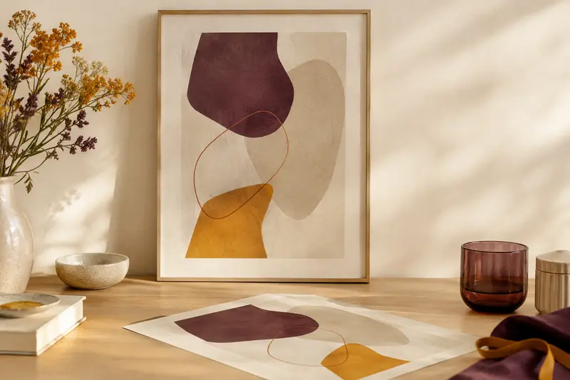 Affiche illustrée encadrée et feuille imprimée posées dans un décor clair