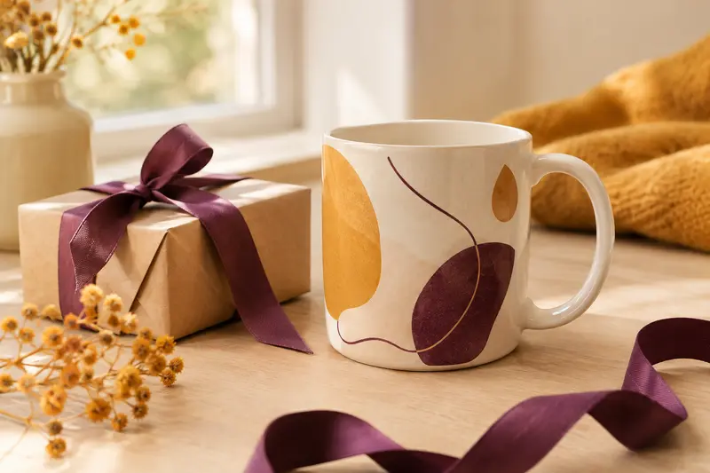 Mug personnalisé en céramique posé près d’un ruban et d’un emballage cadeau