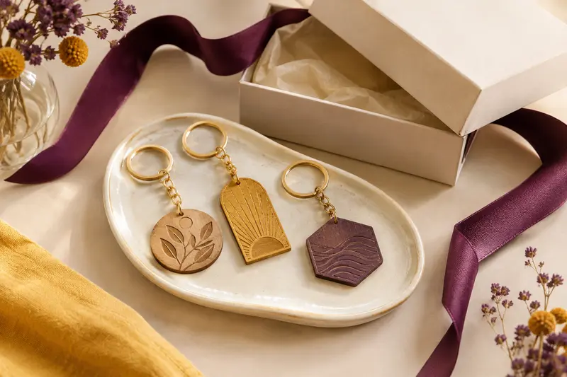 Porte-clés de formes variées présentés sur un plateau avec leur boîte cadeau