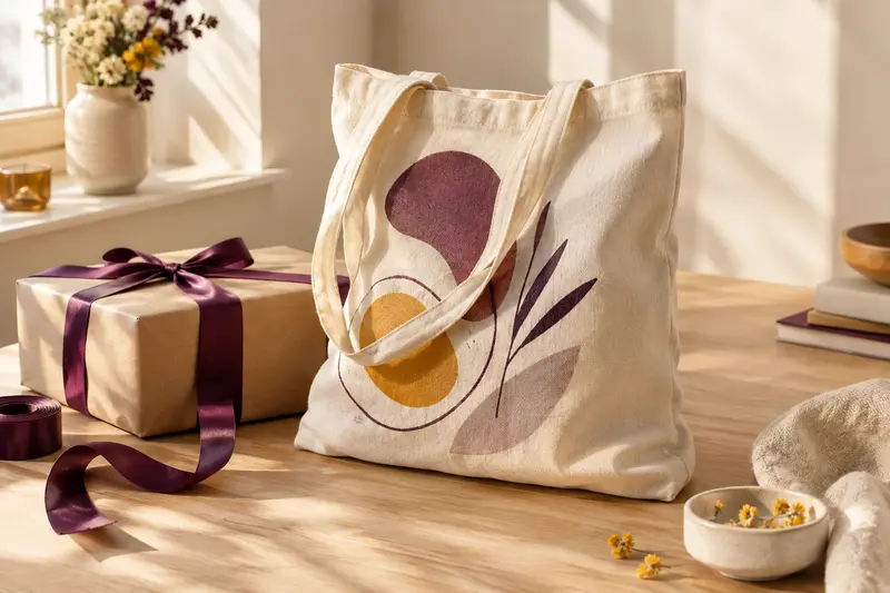 Tote bag en toile illustré posé près d’un paquet cadeau sur une table claire