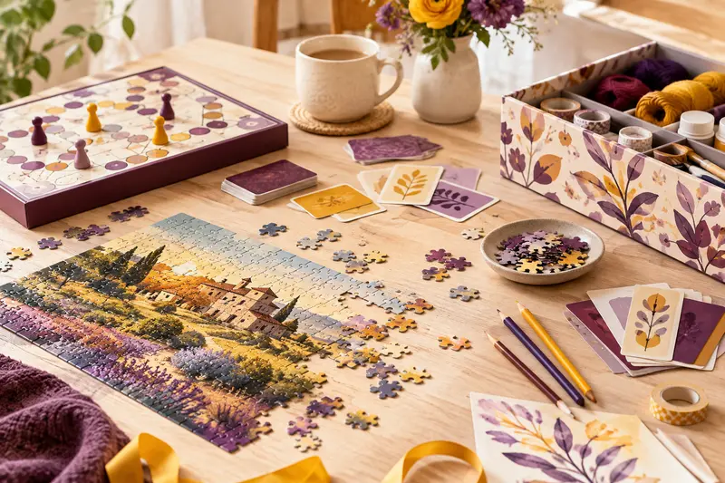 Jeu de société, puzzle et matériel créatif disposés sur une table claire