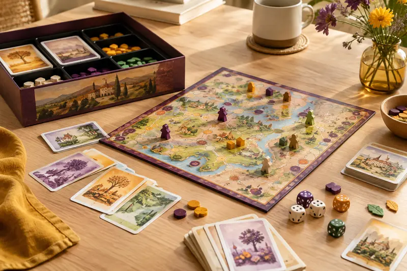 Plateau, pions et cartes d’un jeu de société prêts à être utilisés
