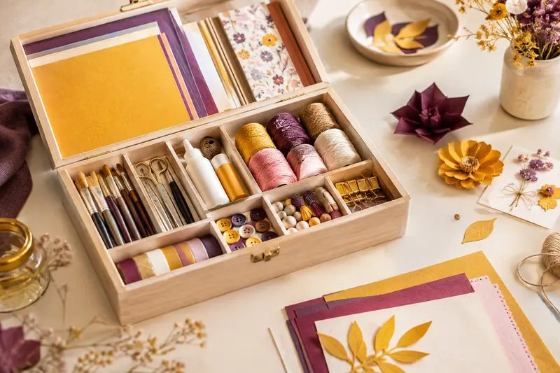 Kit de loisir créatif ouvert avec papiers, pinceaux et petits outils