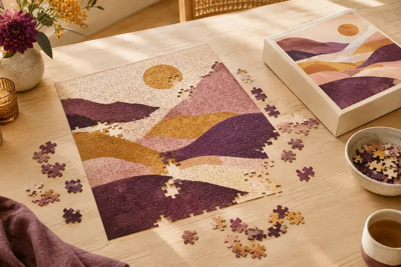 Puzzle illustré en cours d’assemblage avec sa boîte posée à proximité