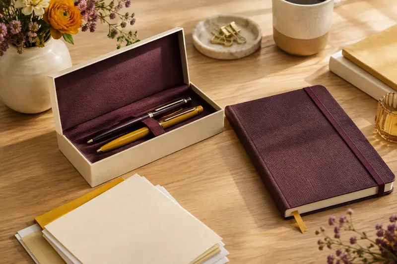 Coffret de stylos et carnet relié présentés sur un bureau clair