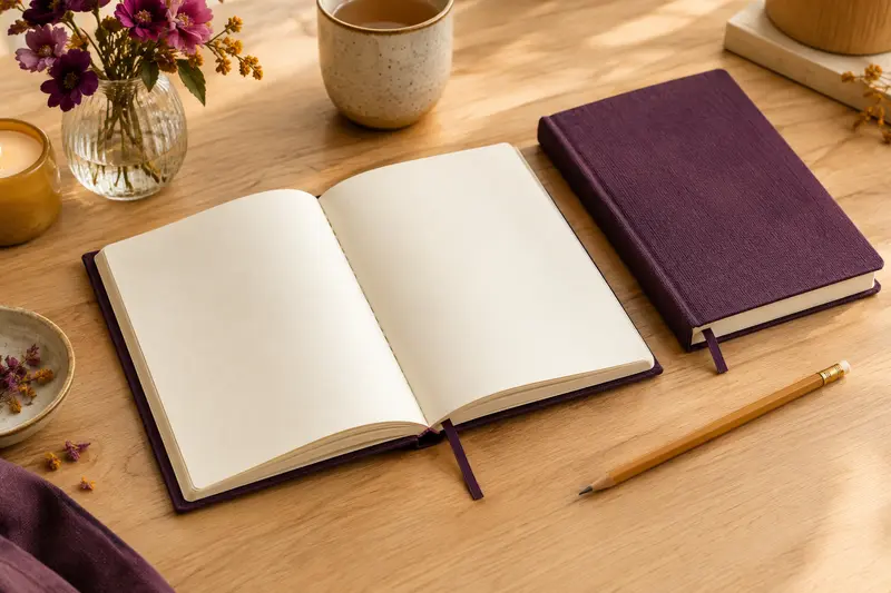 Carnet relié ouvert et journal fermé accompagnés d’un crayon sur un bureau clair