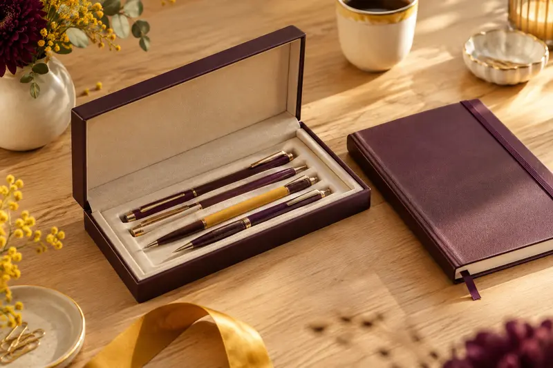 Coffret ouvert de stylos présenté avec un carnet fermé sur un bureau clair