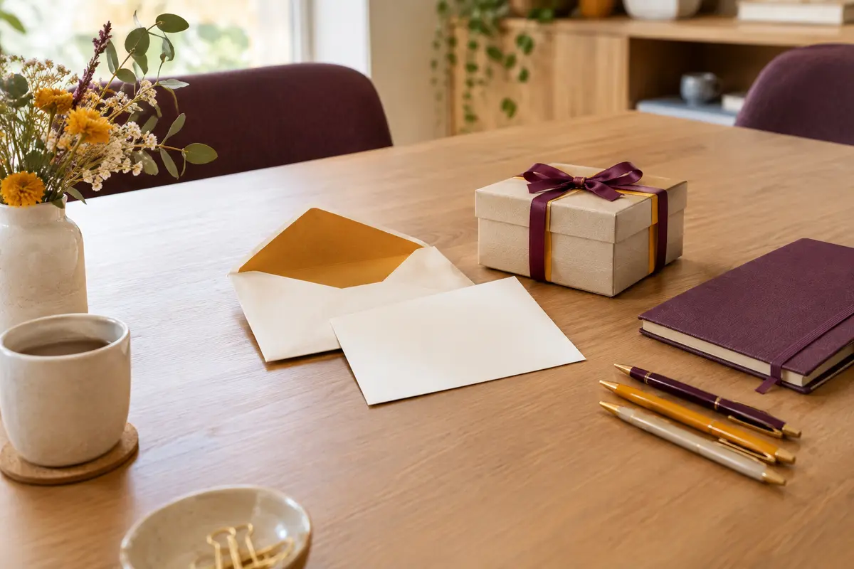 Table de bureau avec une carte vierge, un carnet et un petit cadeau pour une collecte entre collègues.
