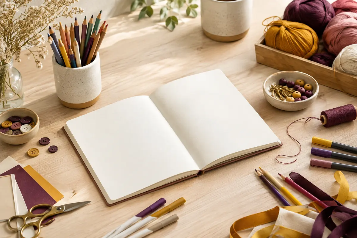 Carnet ouvert, crayons, feutres et fournitures colorées disposés sur une table pour un projet créatif