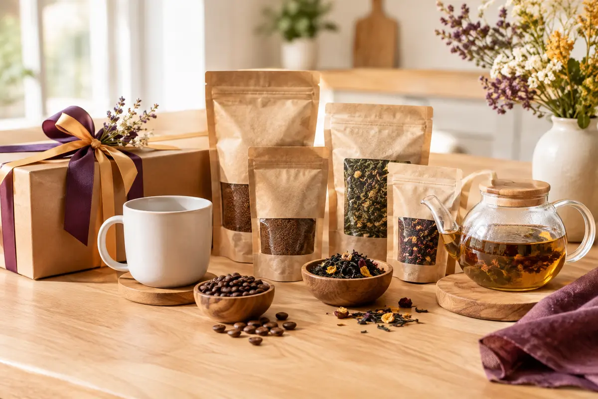 Assortiment de café et de thé avec une tasse et une théière, présenté comme une idée cadeau variée