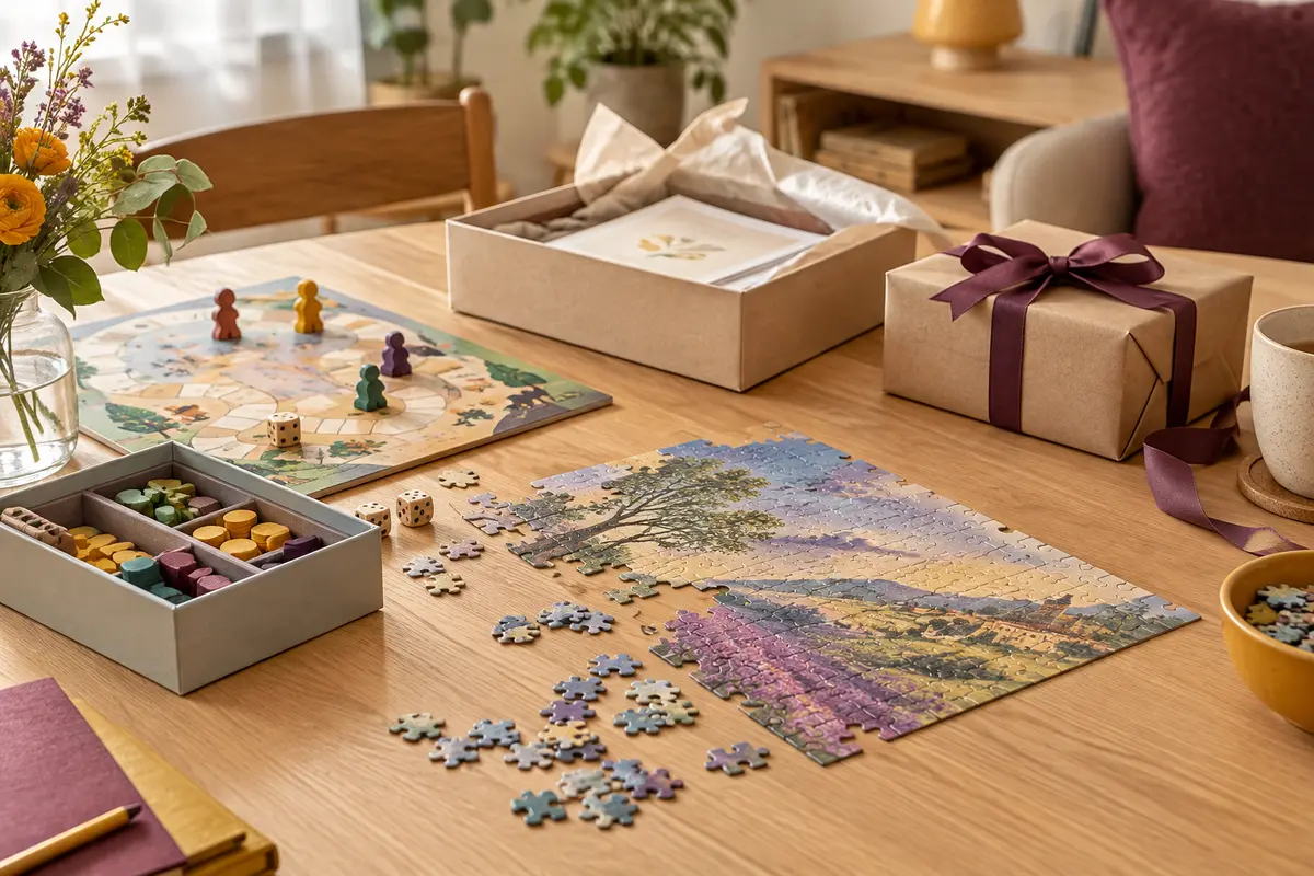 Jeu de société, puzzle et notice disposés sur une table pour choisir un cadeau adapté à un enfant