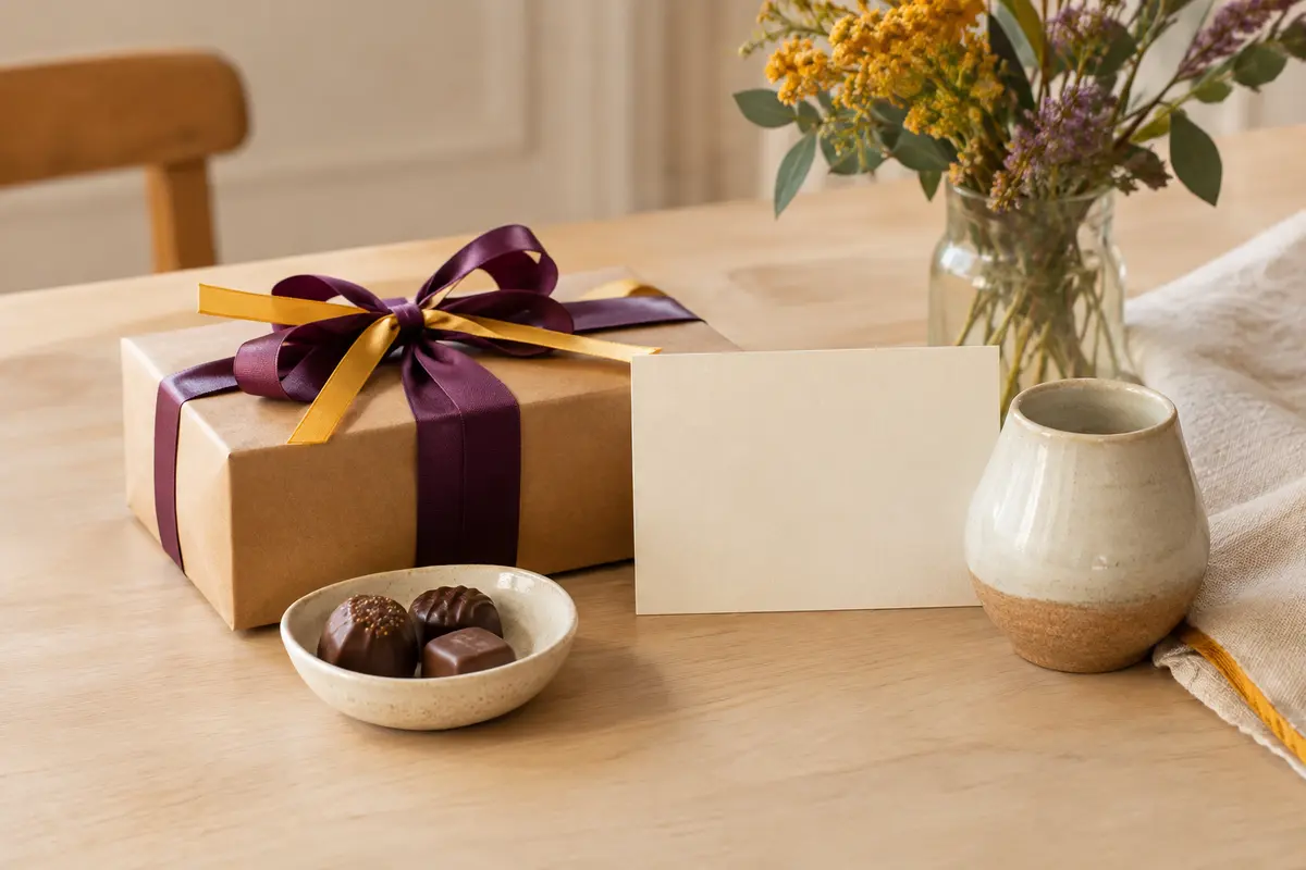 Boîte de chocolats, carte vierge et petit objet fait main réunis pour un cadeau de remerciement