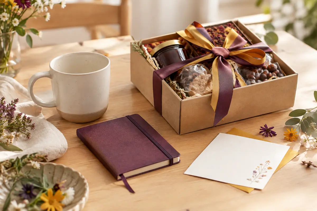 Mug, carnet et coffret gourmand réunis sur une table pour illustrer un cadeau choisi selon les goûts.