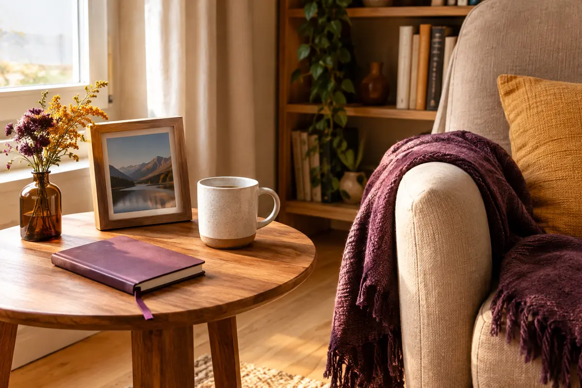 Tasse, carnet et cadre photo disposés sur une petite table dans un intérieur chaleureux