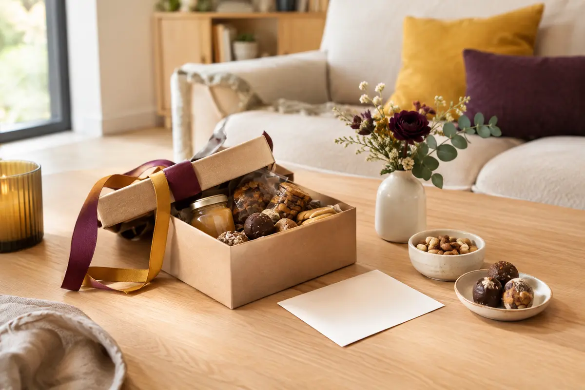 Petit coffret gourmand posé sur une table sobre dans un logement déjà aménagé