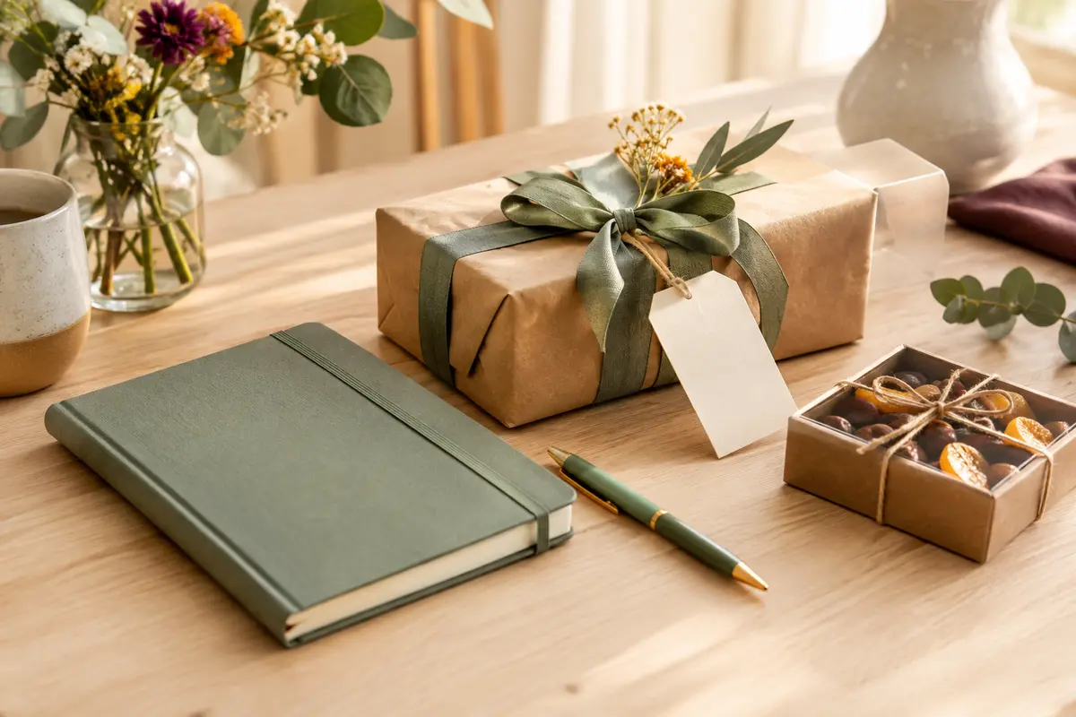 Carnet, boîte cadeau et carte vierge disposés avec soin pour illustrer une attention utile et personnelle