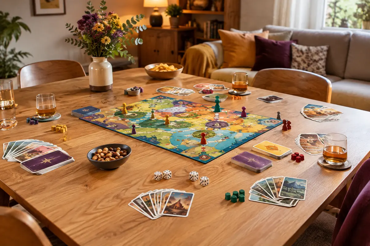 Plateau de jeu, cartes, dés et pions disposés sur une table pour une soirée conviviale