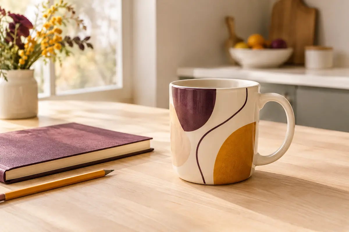 Mug en céramique décoré posé sur une table claire, avec son anse et sa surface imprimable visibles
