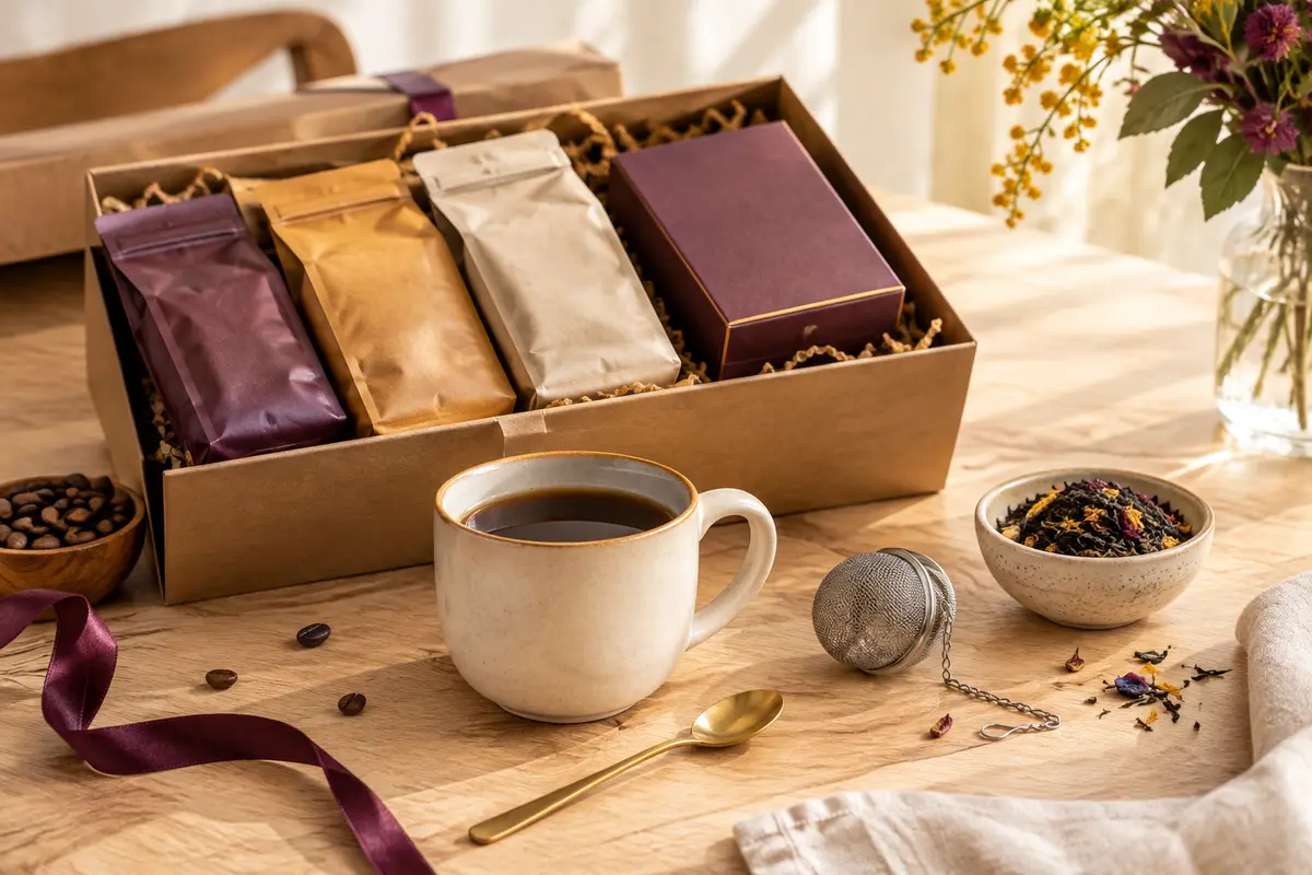 Coffret café et thé avec petits paquets, boîte de thé, tasse et infuseur sur une table claire