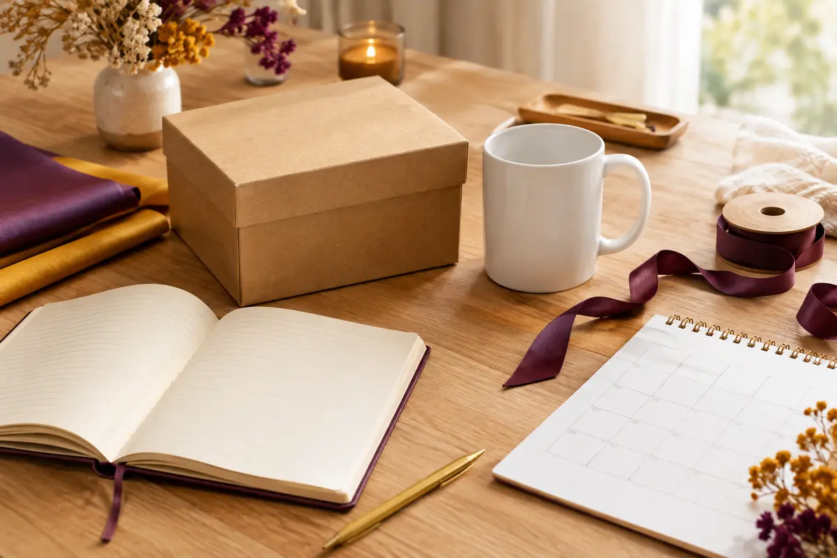 Mug vierge, boîte cadeau et calendrier neutre évoquant la préparation d’une commande personnalisée.