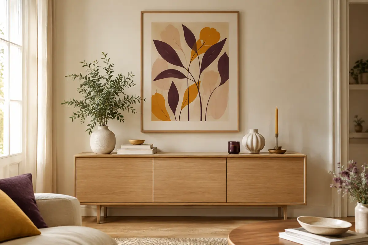 Affiche encadrée aux proportions équilibrées au-dessus d’une console dans un salon lumineux