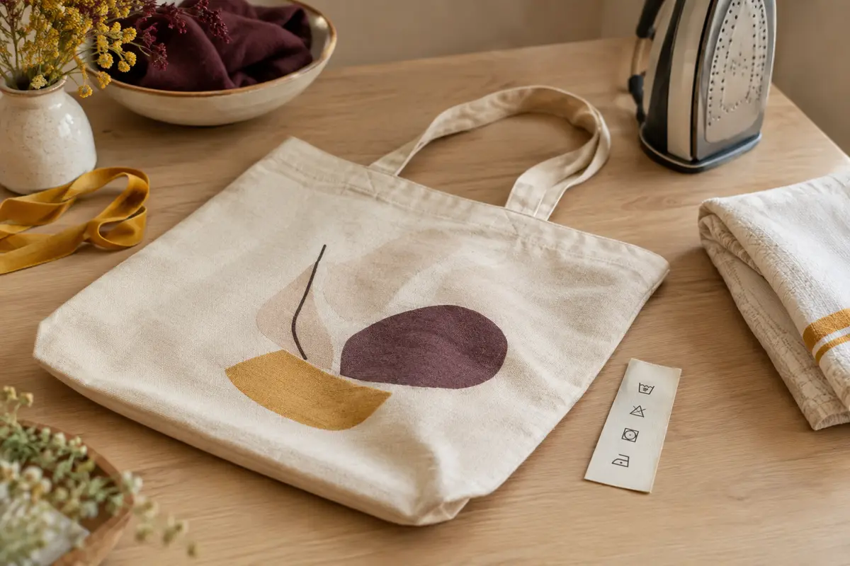 Tote bag en toile posé près d’un linge propre et d’un fer, pour illustrer son entretien délicat.