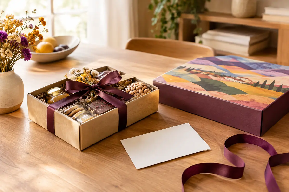 Coffret gourmand, jeu de société et carte vierge préparés pour un cadeau d’anniversaire surprise