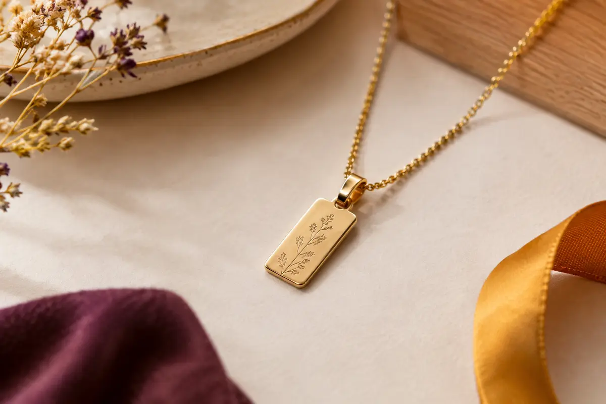 Bijou gravé avec plaque métallique et chaîne posé sur une surface claire, dans une mise en scène épurée.