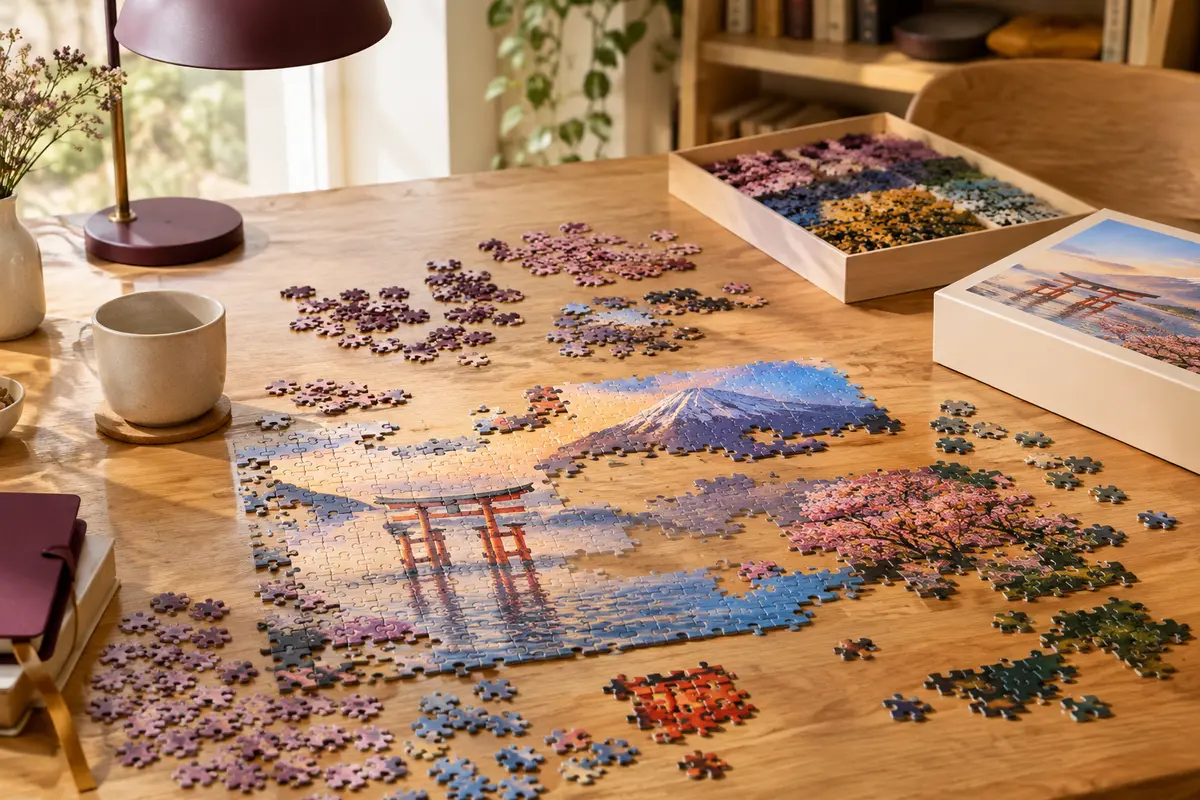 Puzzle de paysage en cours d’assemblage, avec pièces triées sur une table de travail
