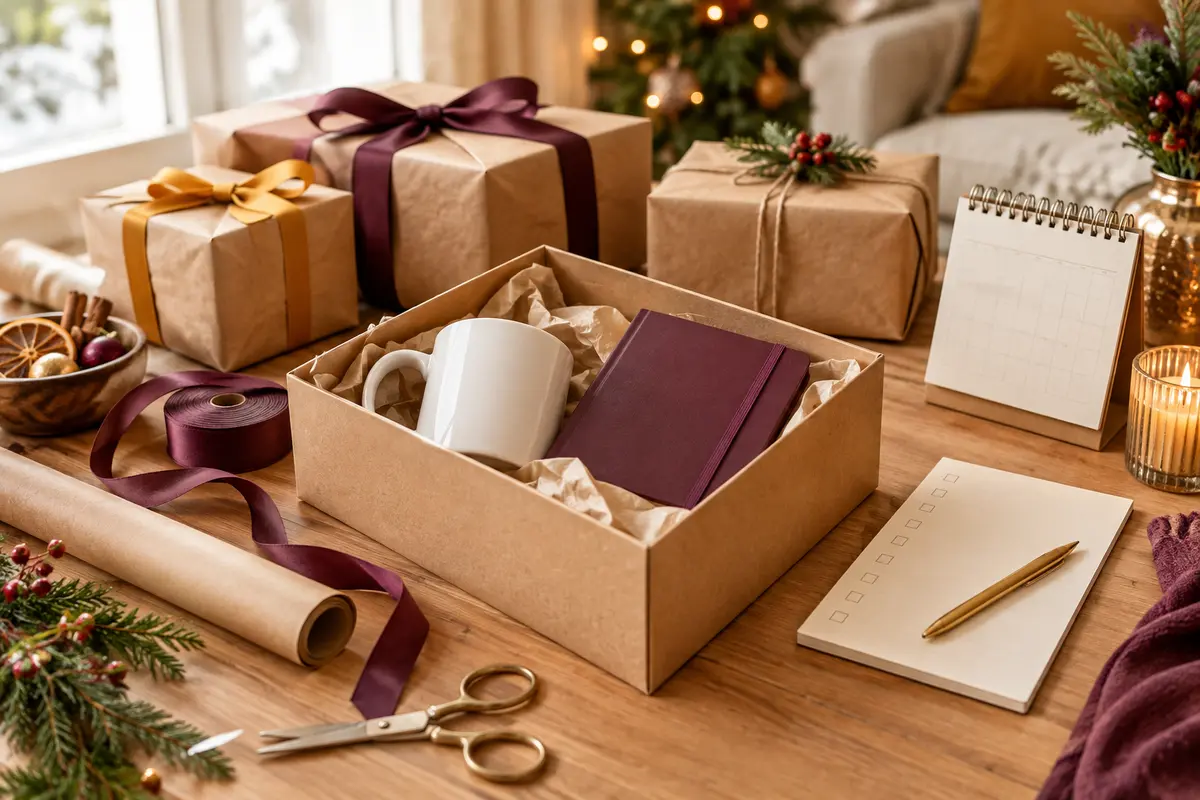 Colis de Noël et accessoires d’emballage préparés sur une table avec un calendrier et une liste de vérification
