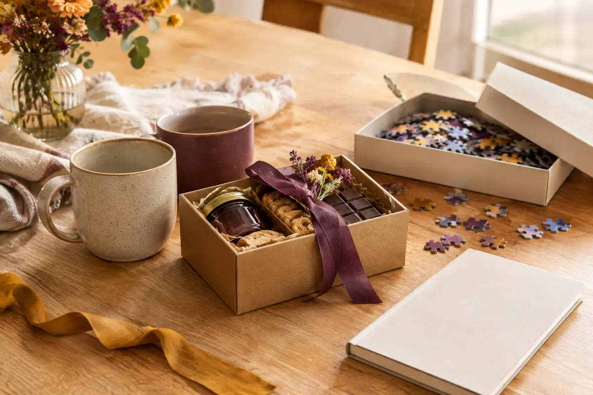 Tasses, coffret gourmand et puzzle réunis sur une table pour illustrer un cadeau choisi avec attention.