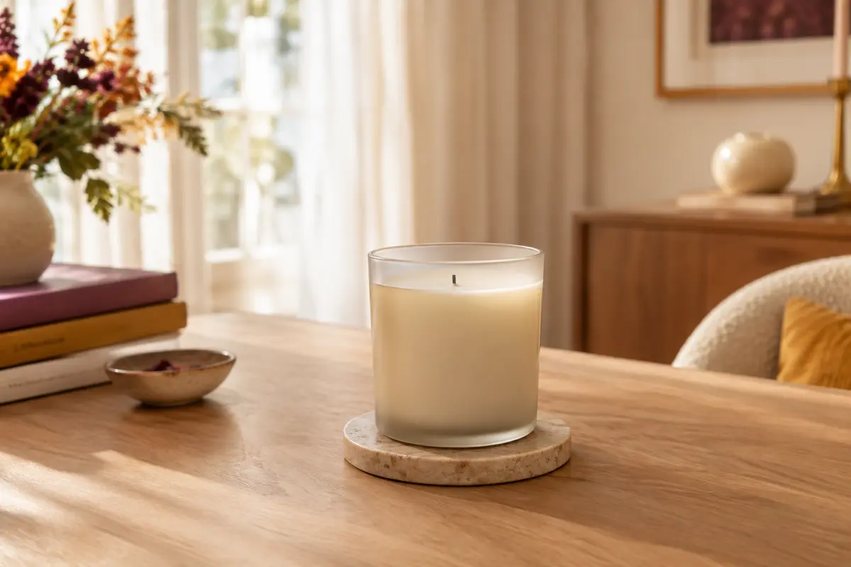 Bougie parfumée éteinte sur un support stable, au centre d’une surface dégagée et loin des rideaux