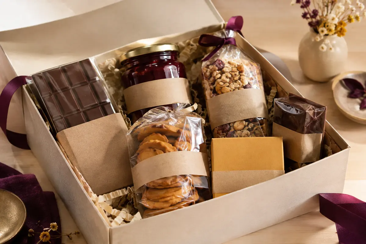 Coffret gourmand ouvert avec des produits emballés à vérifier avant de les offrir