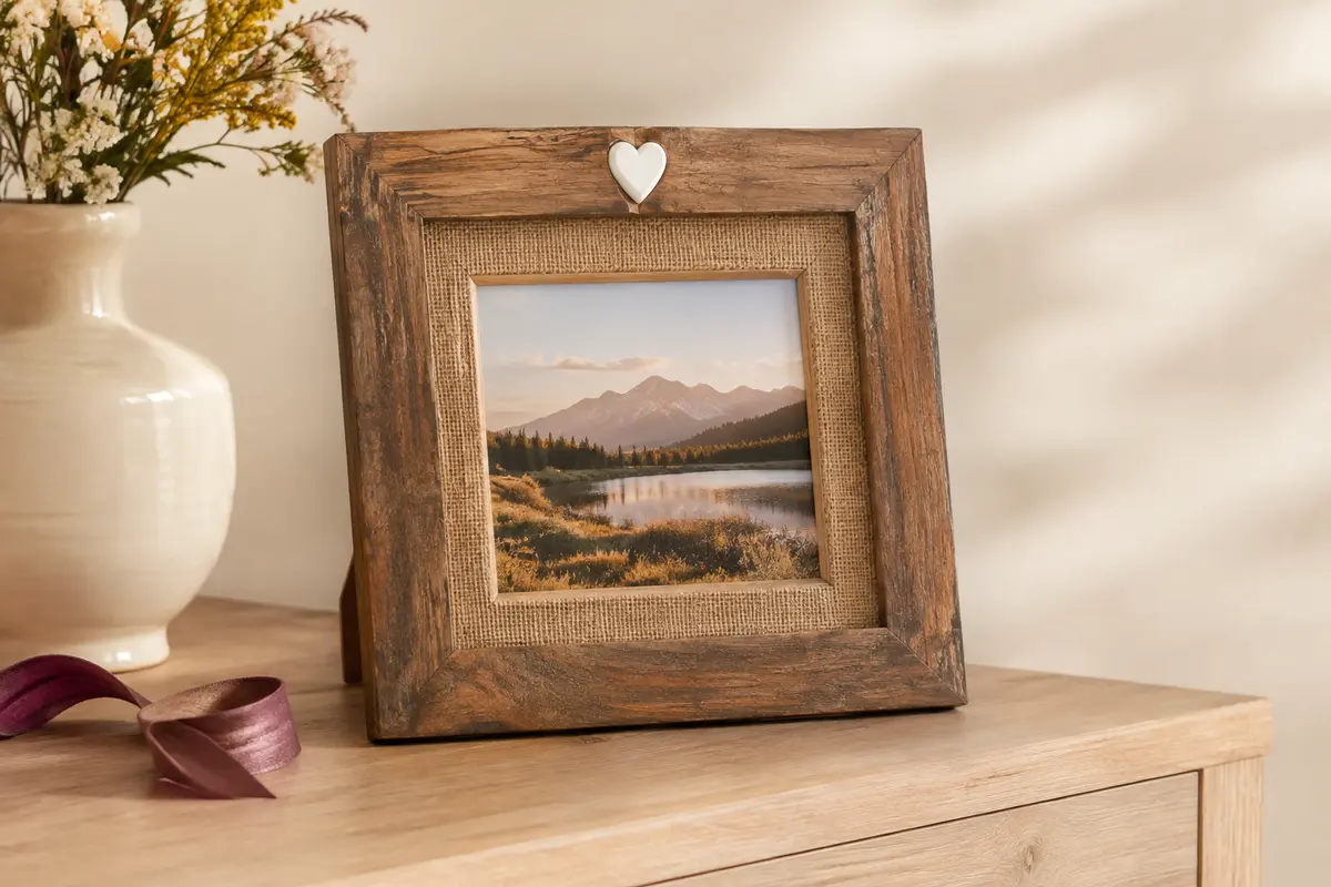 Cadre photo rectangulaire en bois brun vieilli avec cœur blanc, passe-partout en jute et photo de paysage