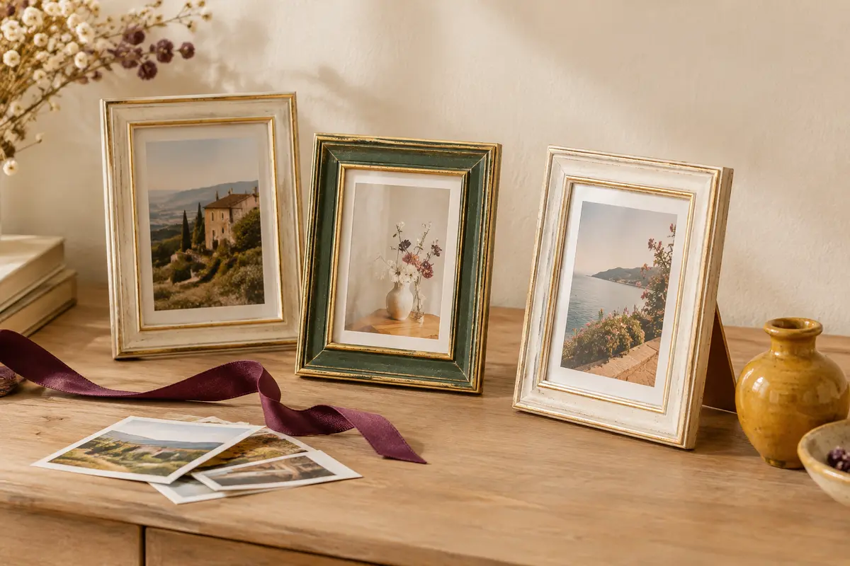 Trois cadres photo vintage Afuly, un vert et deux blancs avec accents dorés, posés sur une console claire.