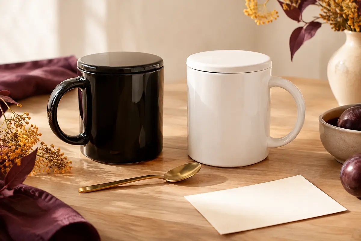 Deux mugs en céramique noir et blanc avec couvercles assortis et cuillère dorée sur fond clair.