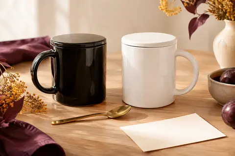 Deux mugs en céramique noir et blanc avec couvercles assortis et cuillère dorée sur fond clair.