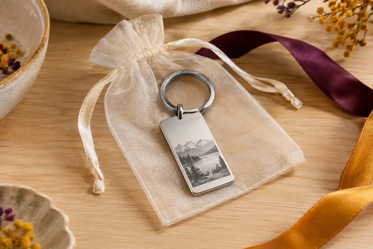 Porte-clés rectangulaire argenté avec gravure photo en noir et blanc, posé près de sa pochette en organza