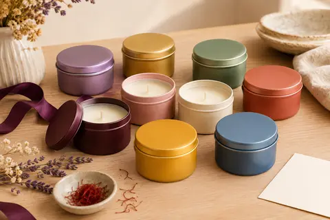 Neuf bougies parfumées en pots métalliques colorés présentées sur un fond clair avec une carte et un ruban.
