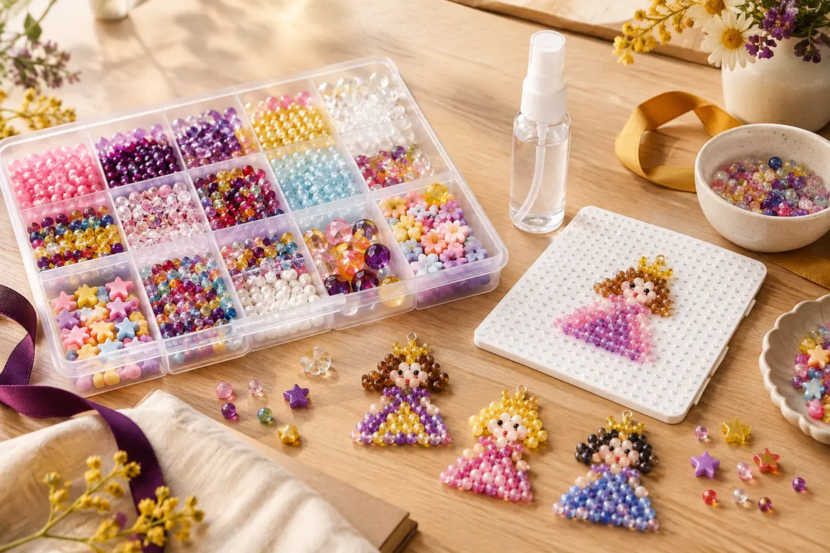 Perles à eau multicolores, canevas, vaporisateur et créations de princesses sur un fond clair