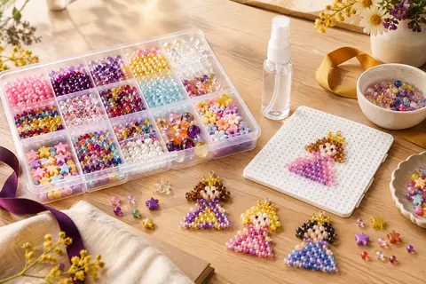 Perles à eau multicolores, canevas, vaporisateur et créations de princesses sur un fond clair