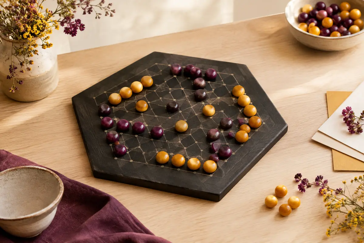 Plateau hexagonal sombre d’Abalone avec des billes contrastées sur une table en bois clair
