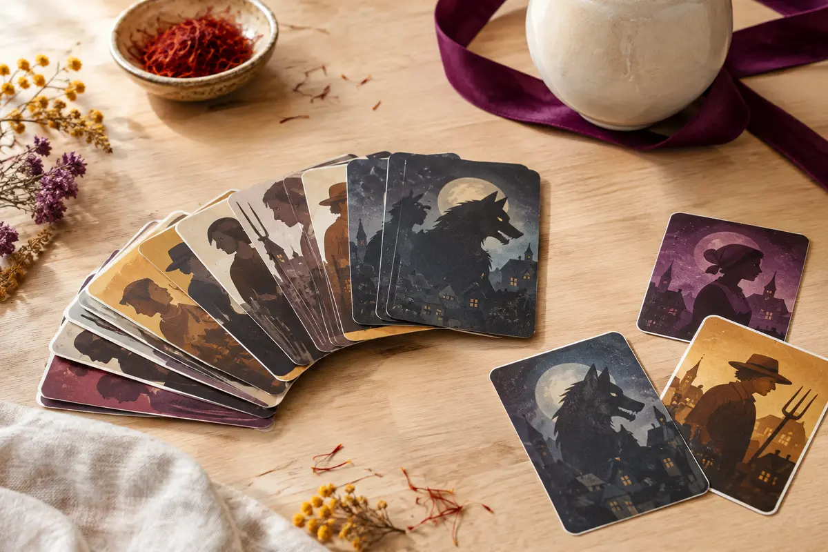 Cartes de jeu illustrées de villageois et de loups disposées sur une table en bois clair