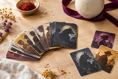 Cartes de jeu illustrées de villageois et de loups disposées sur une table en bois clair